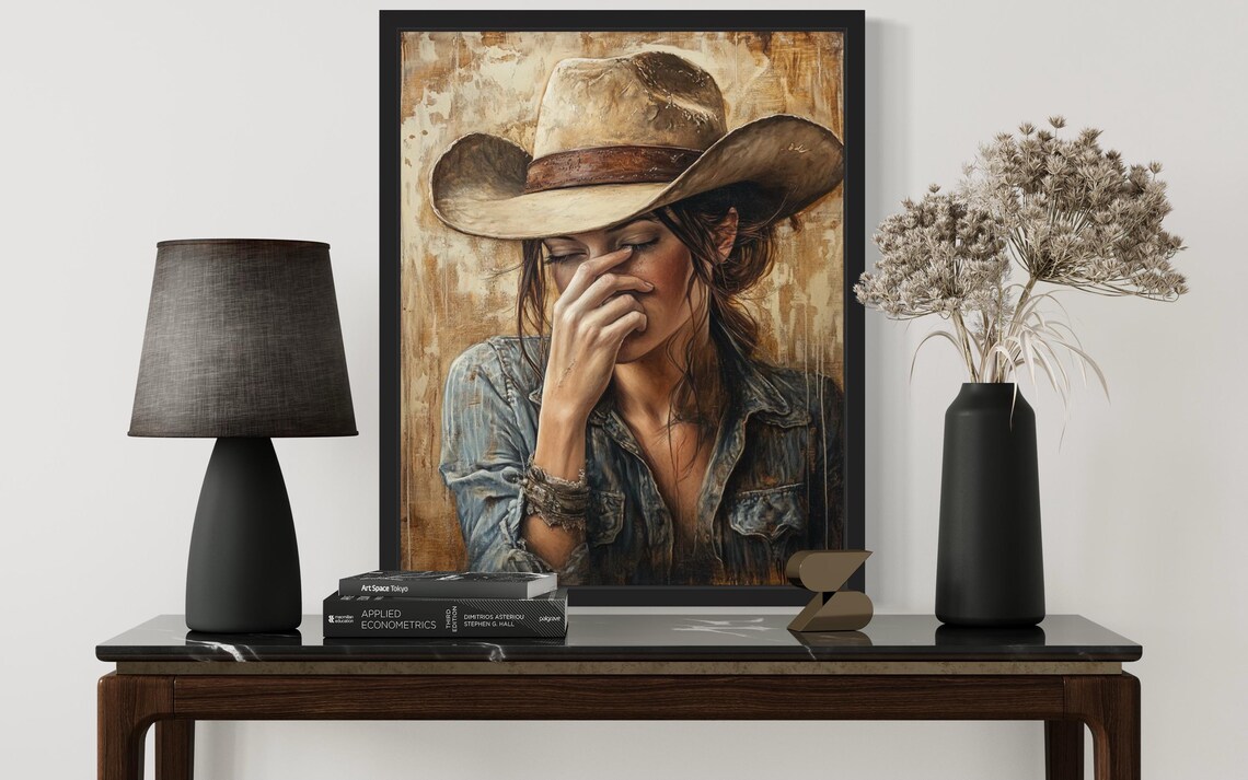 Cowgirl in Denim Shirt and Cowboy Hat Holding Nose Funny Poster - Image 4
