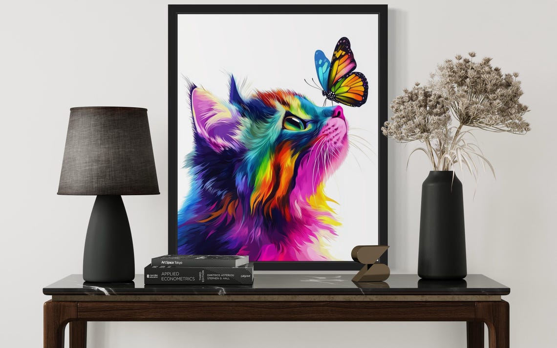 Rainbow Colored Cat with Monarch Butterfly Modern Colorful Art Print - Image 2