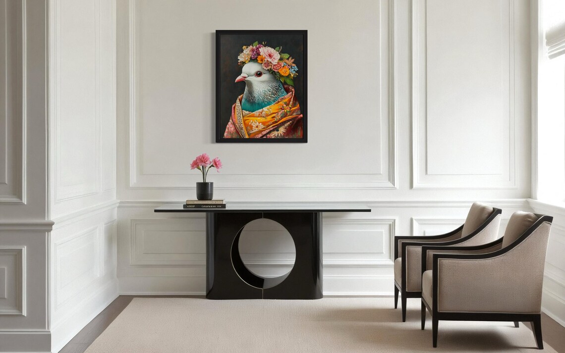 Pigeon Wearing Flower Crown and Colorful Kimono Fine Art Decor Poster - Image 3