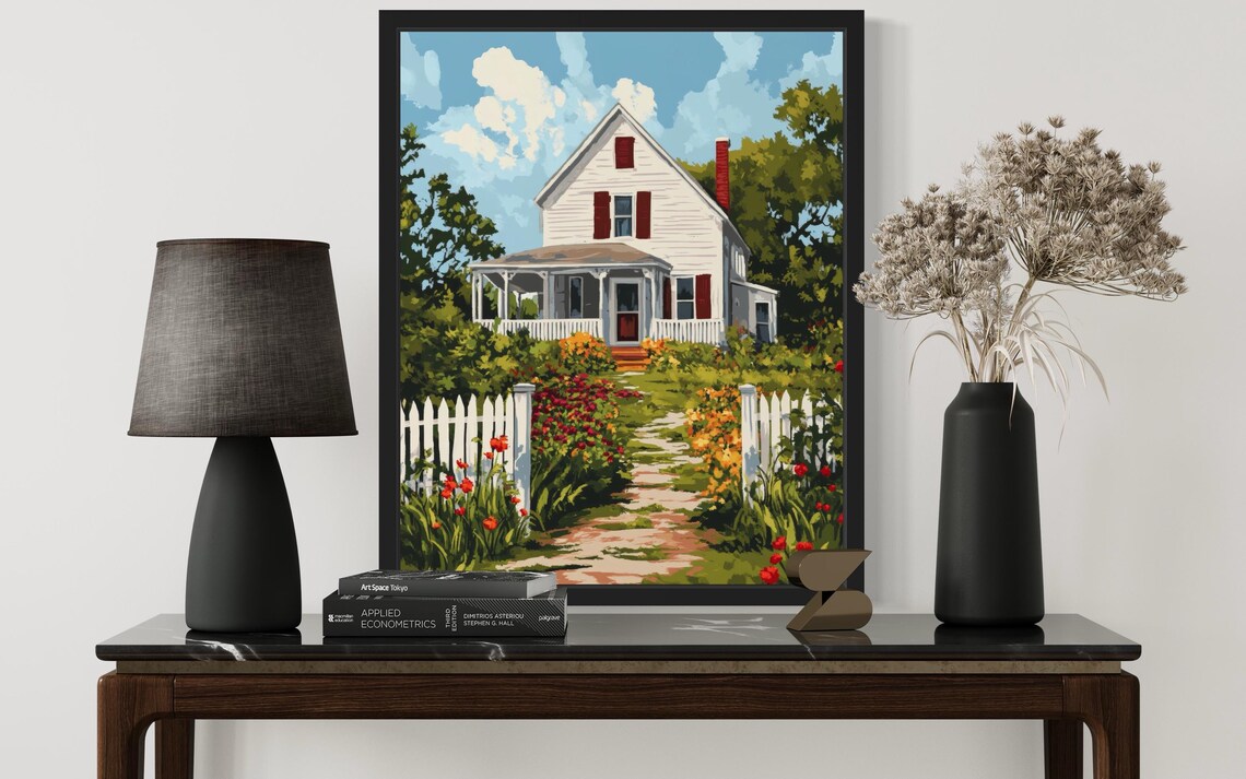White Farmhouse Red Shutters Picket Fence Flower Garden Art Poster - Image 3