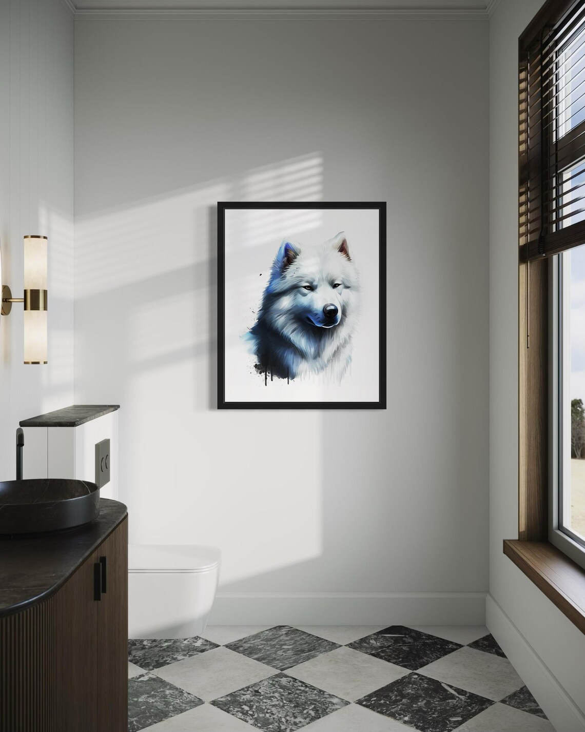 Fluffy Samoyed Dog Icy Blue Watercolor Splash Portrait Art Poster - Image 4