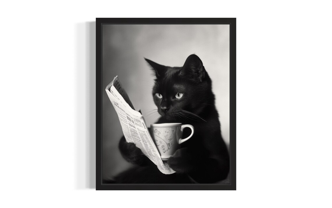 Black Cat Reading Newspaper With Coffee Cup Vintage Style Poster