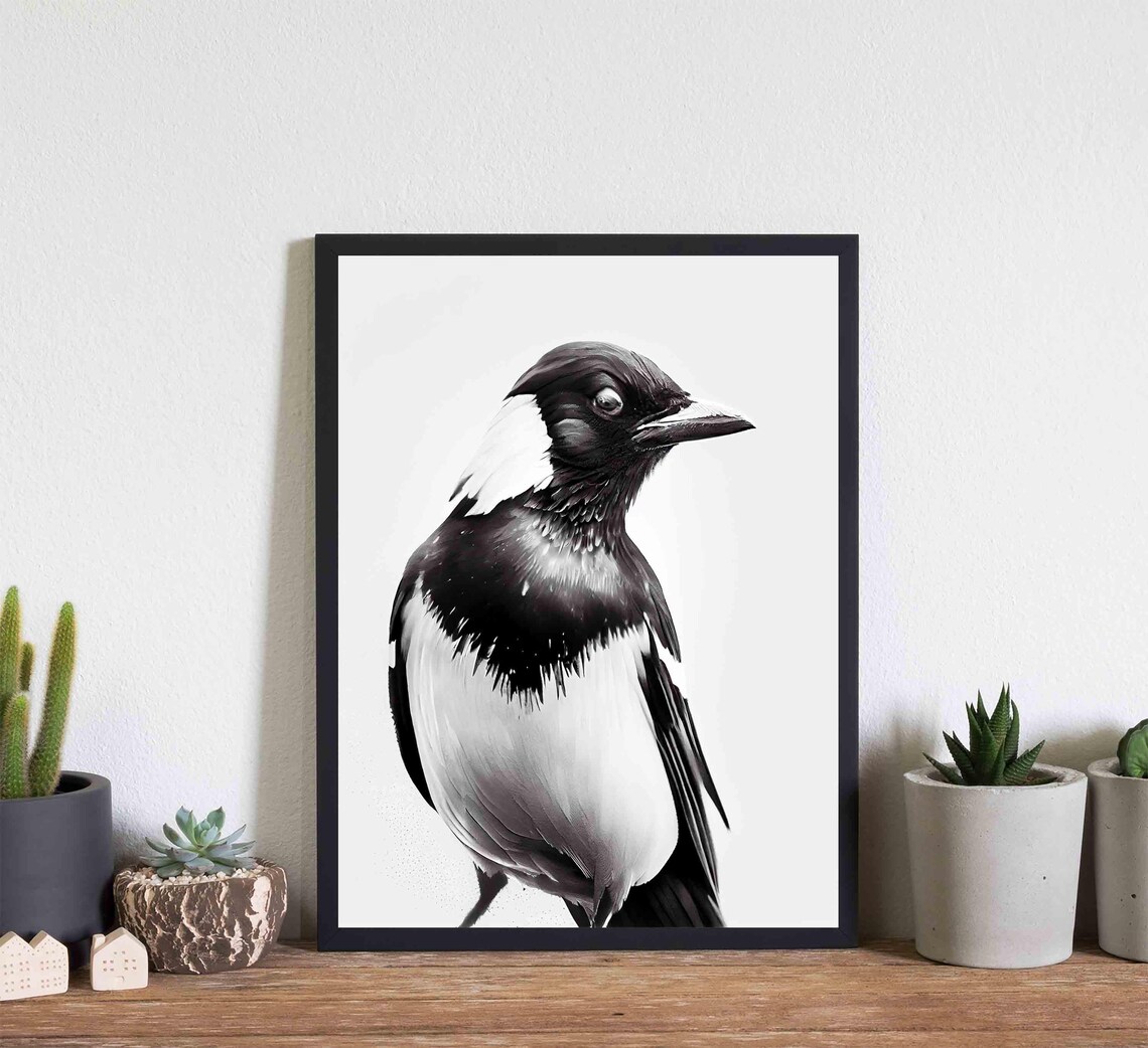 Bold Magpie Bird Portrait in Black and White Fine Art Poster - Image 4