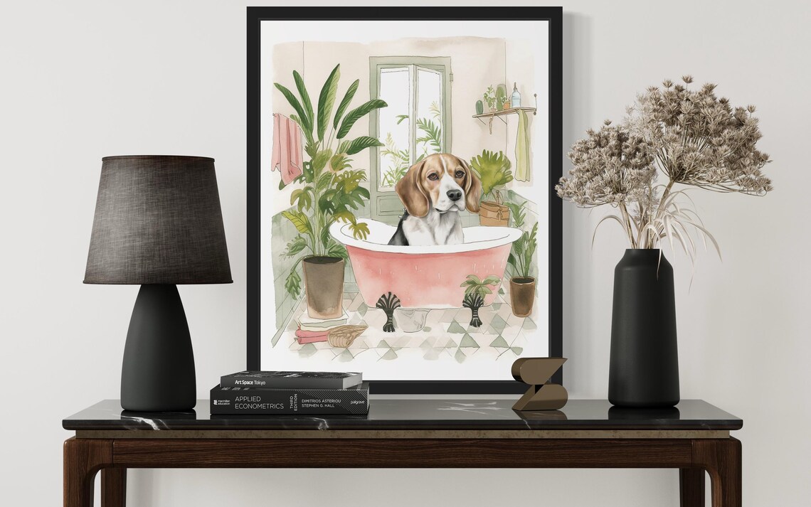 Beagle Dog Sitting In Pink Clawfoot Bathtub Bathroom Art Poster - Image 3