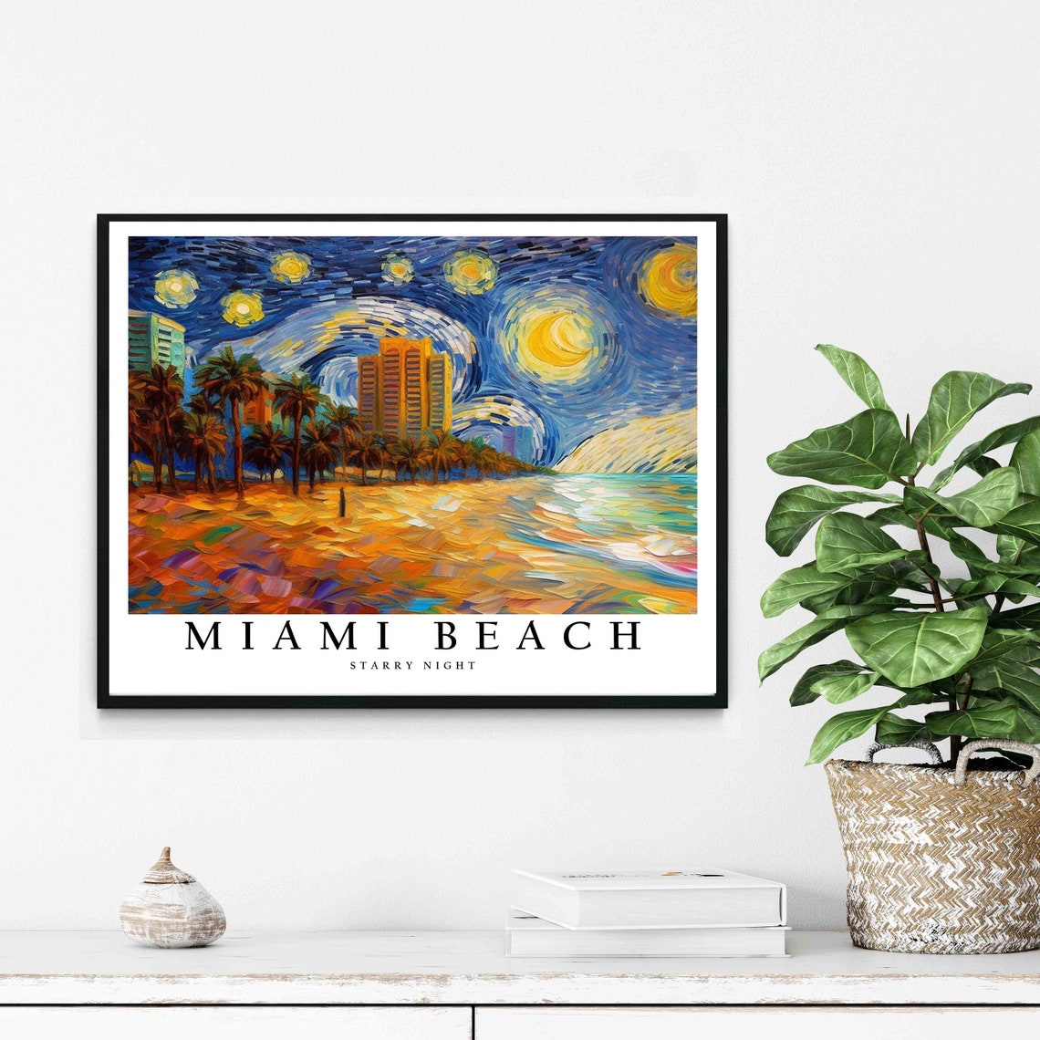 Miami Beach Starry Night Palm Trees Oceanfront Night Glow Poster - Image 3