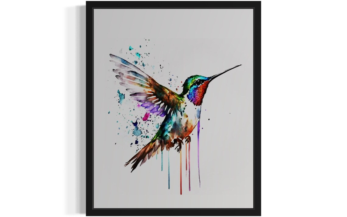 Hummingbird In Flight Colorful Watercolor Splash Bird Poster