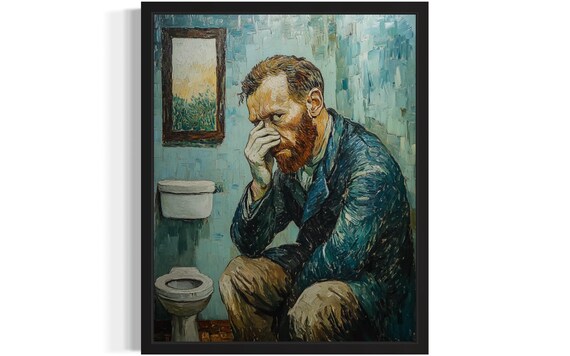 Funny Van Gogh Style Man Holding Nose on a Bathroom Toilet Poster