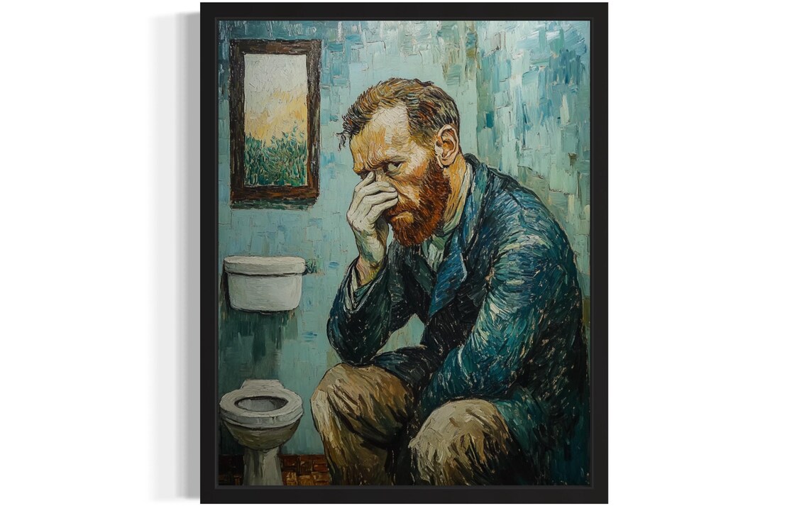 Funny Van Gogh Style Man Holding Nose on a Bathroom Toilet Poster