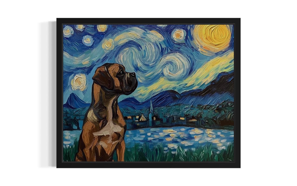 Boxer Dog Starry Night Van Gogh Style Canine Portrait Poster