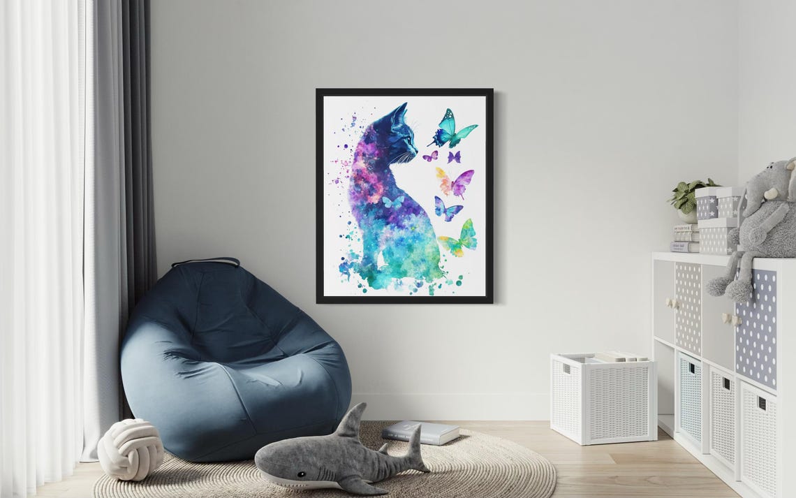 Galaxy Watercolor Cat Silhouette Surrounded by Butterflies Poster - Image 3