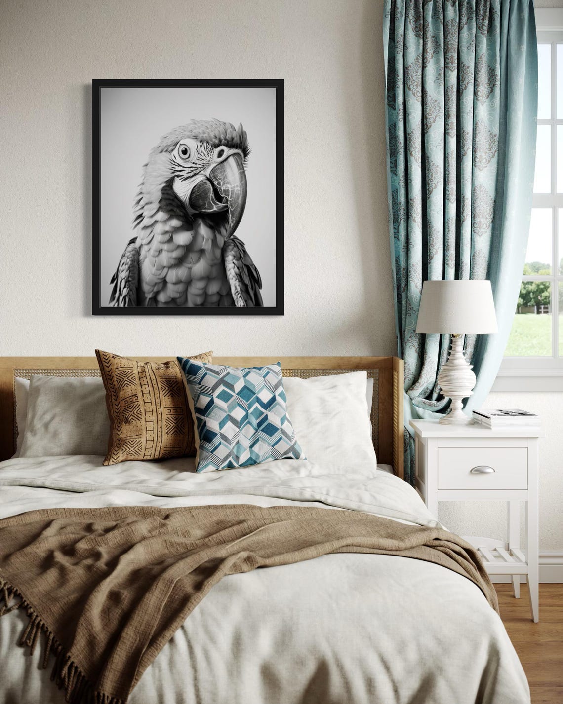 Macaw Parrot Head Close-Up Black and White Photography Art Poster - Image 4
