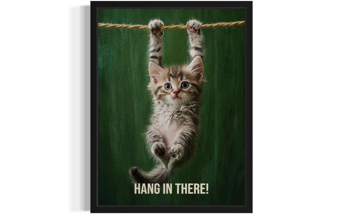 Hang In There Funny Kitten Clinging to a Rope Motivational Poster