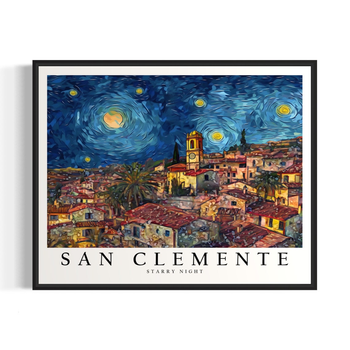 San Clemente Starry Night Hillside Town Church Tower Moonlit Poster