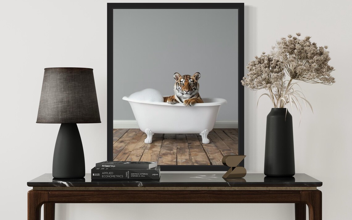 Tiger Cub with Paws Over a White Bubble Bath Tub Minimalist Photo Poster - Image 2