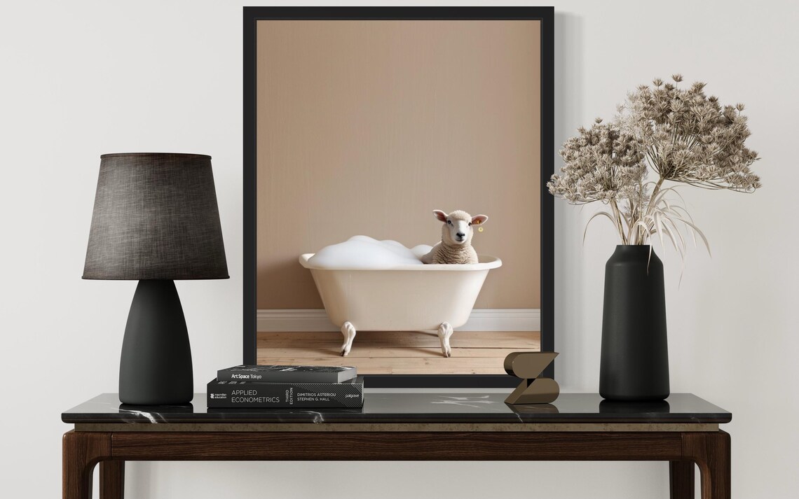 Lamb Sitting in a White Clawfoot Bubble Bath Tub Photo Poster - Image 2