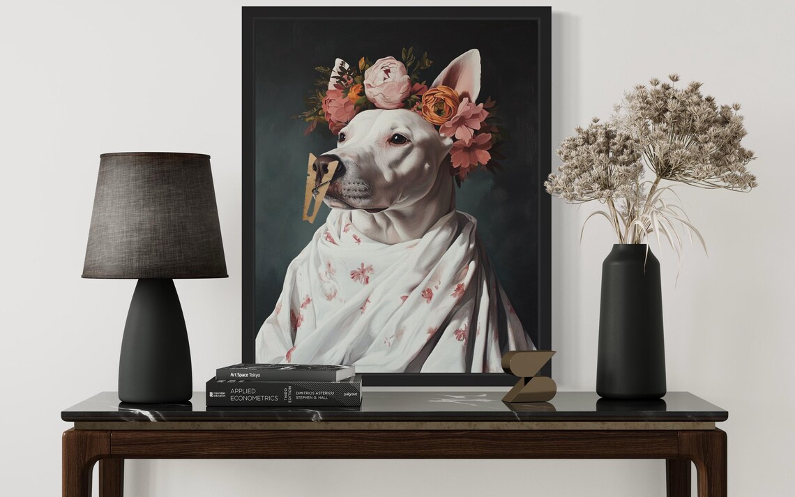White Bull Terrier Flower Crown Clothespin Funny Bathroom Poster - Image 2