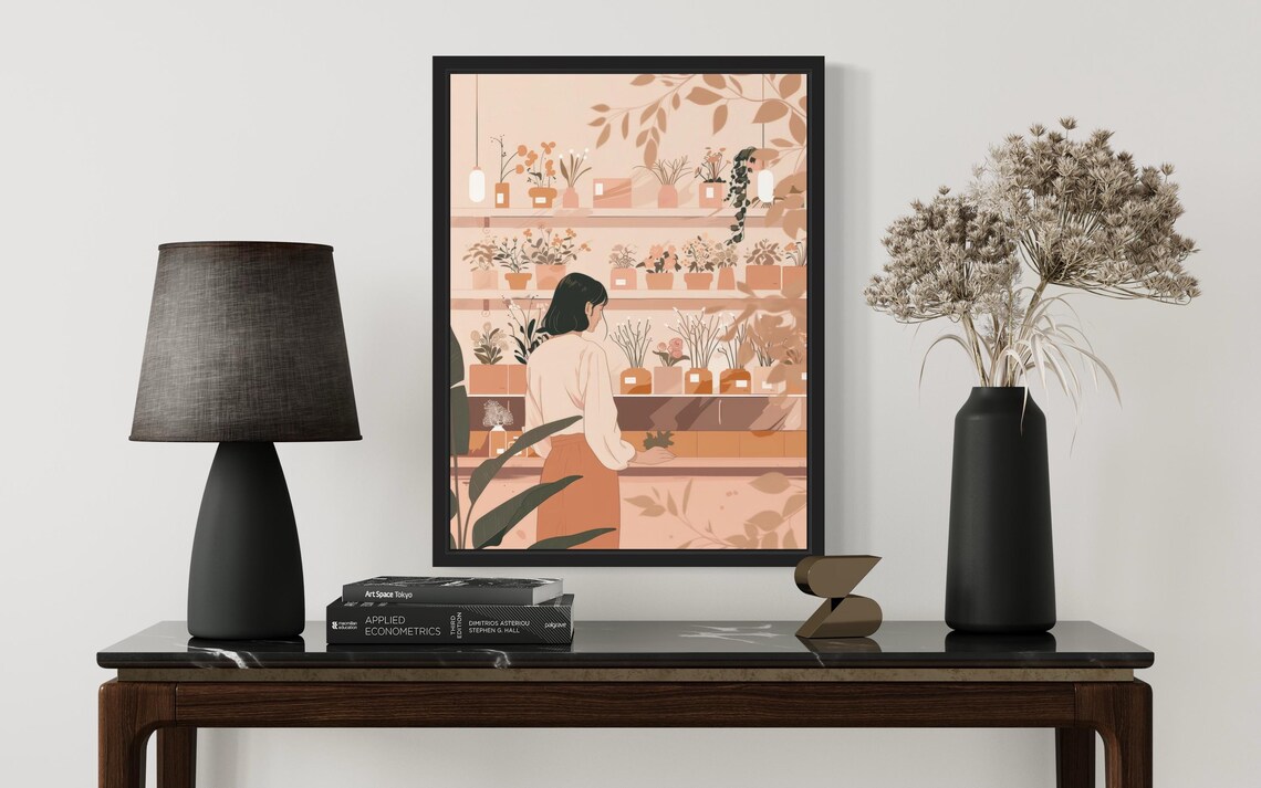 Woman In Cozy Flower Shop Terracotta Floral Boutique Art Poster - Image 3