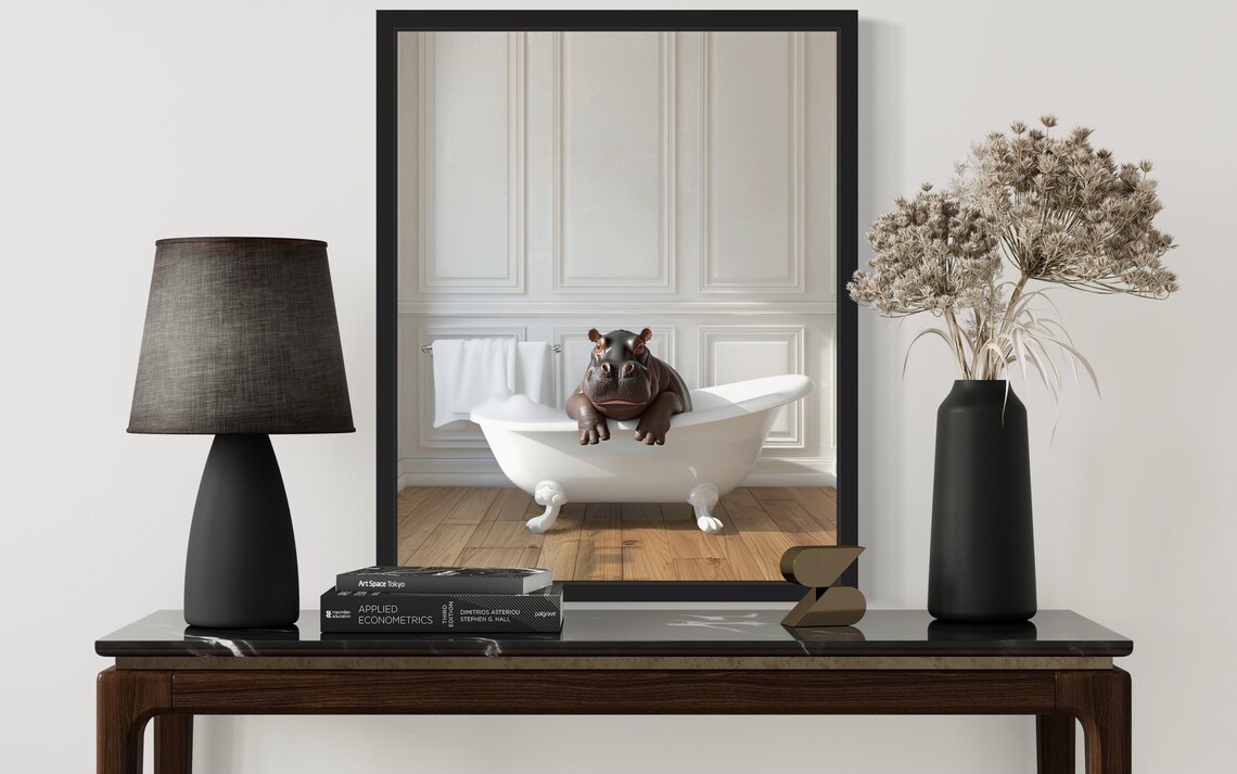 Baby Hippo Leaning Over a White Clawfoot Bathtub Photo Poster - Image 2