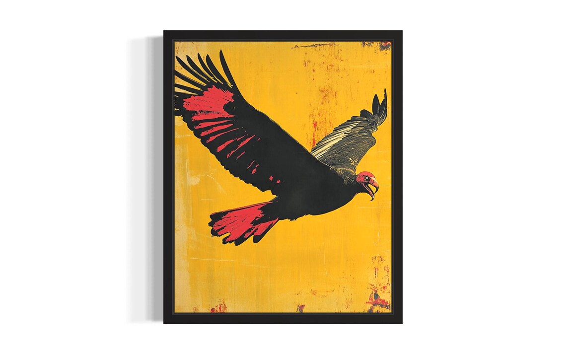 Vulture In Flight Pop Art Black Red On Bold Yellow Vintage Poster
