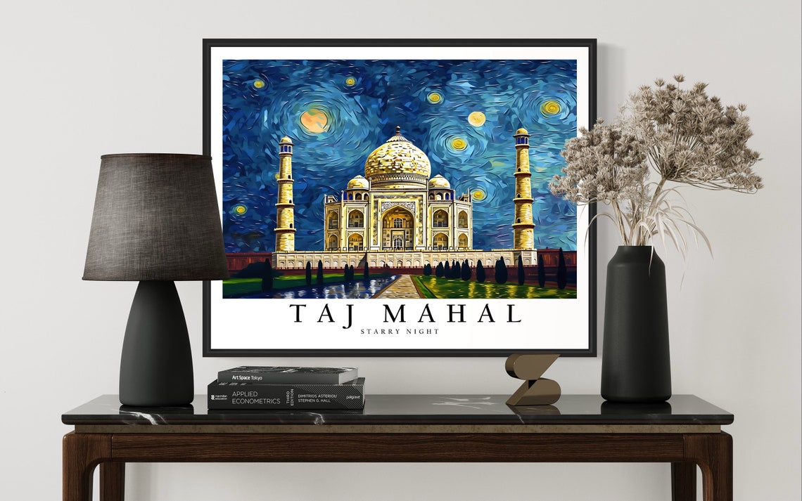 Taj Mahal India Starry Night Marble Palace Reflection Art Poster - Image 3
