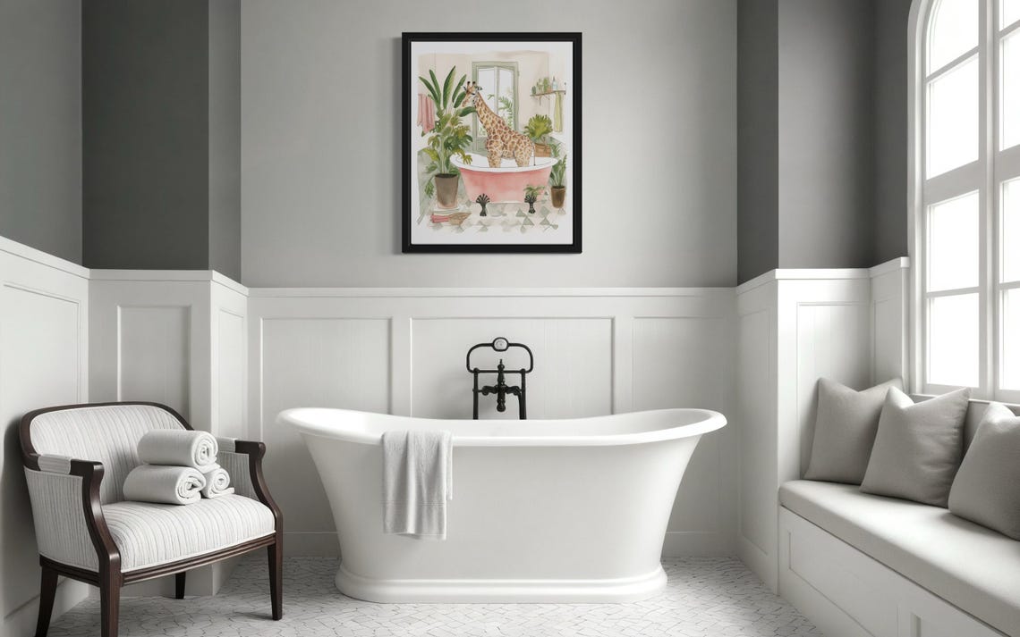 Tall Giraffe Standing in a Pink Clawfoot Bathtub Whimsical Art Poster - Image 2