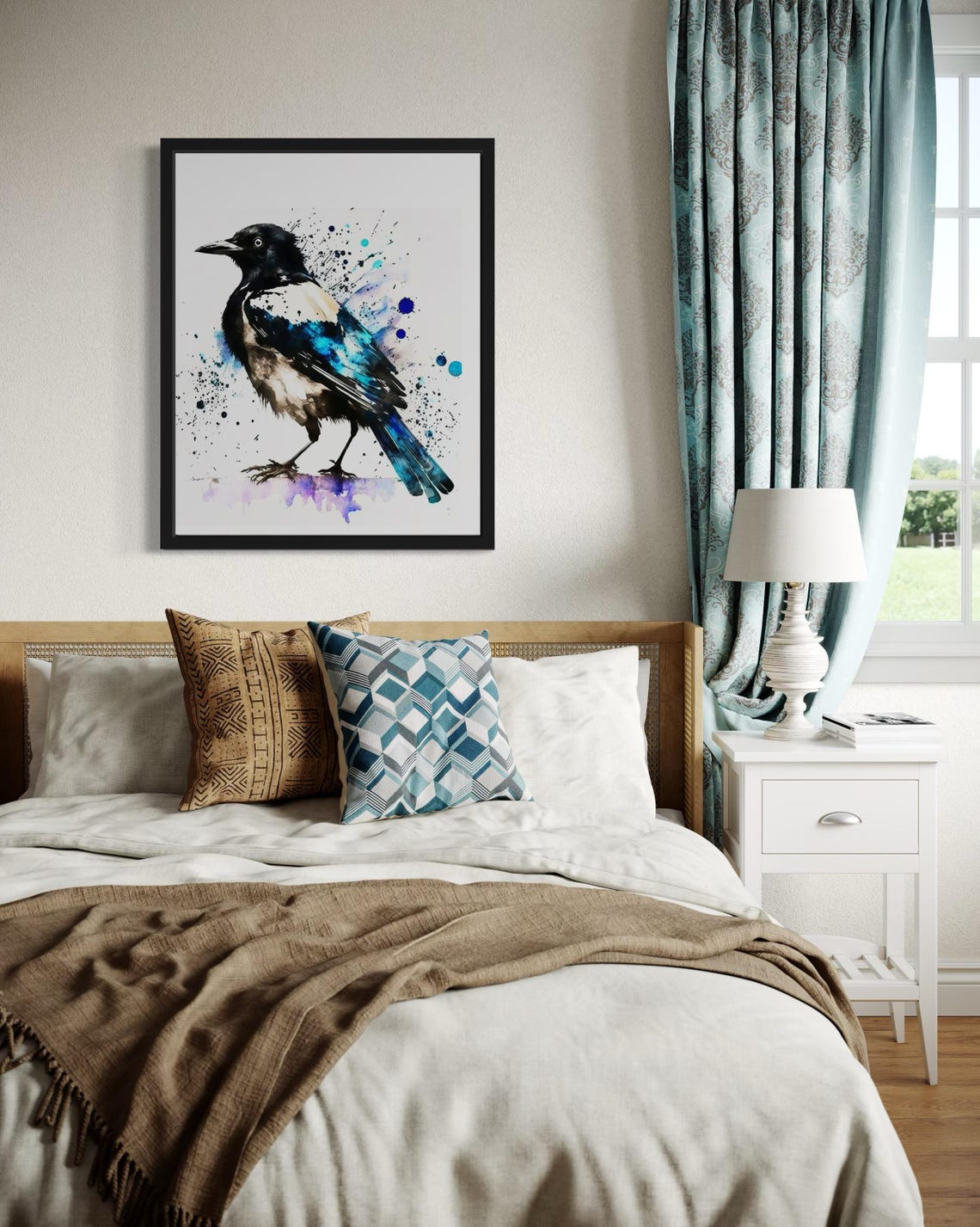 Magpie Perched In Blue Black Watercolor Splash Style Bird Poster - Image 4