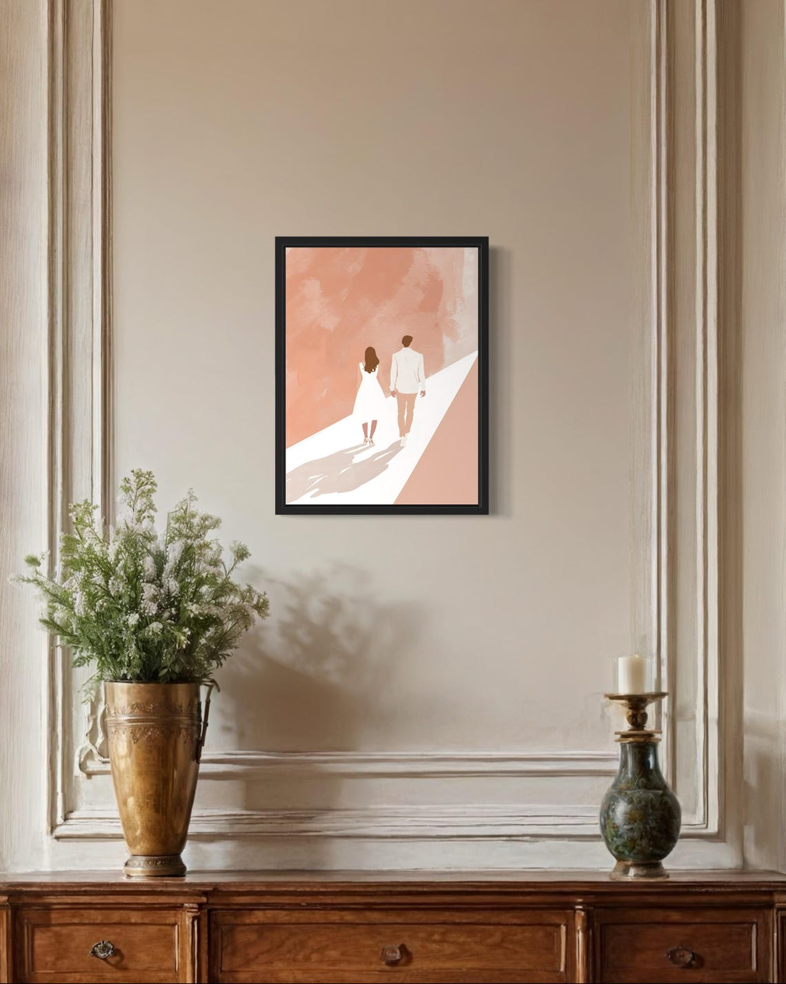 Couple Walking Hand In Hand Blush Beach Romantic Boho Art Poster - Image 2