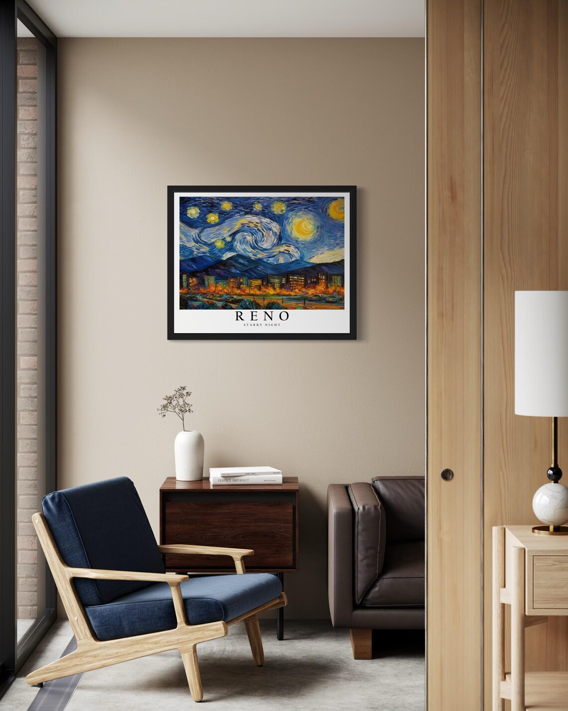 Reno Nevada Starry Night City Buildings Desert Mountains Art Poster - Image 2