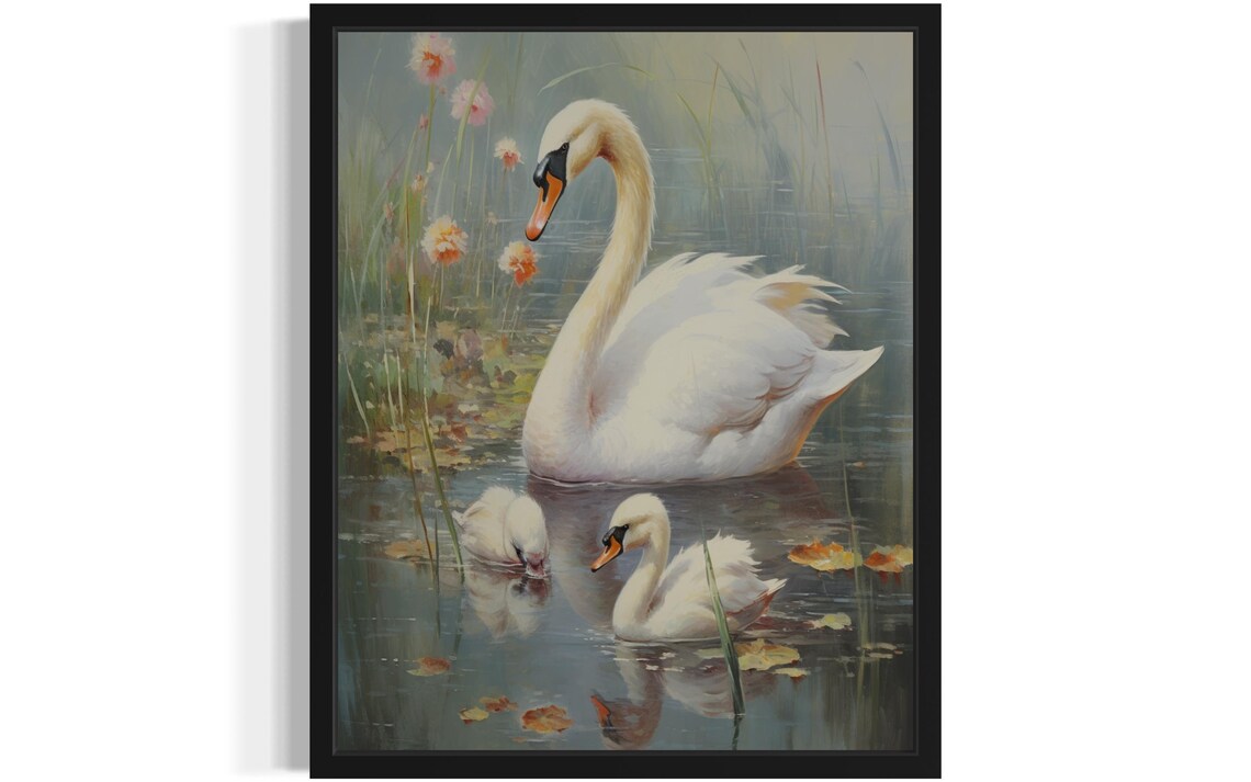 White Swan With Two Cygnets On Lake Vintage Style Bird Poster