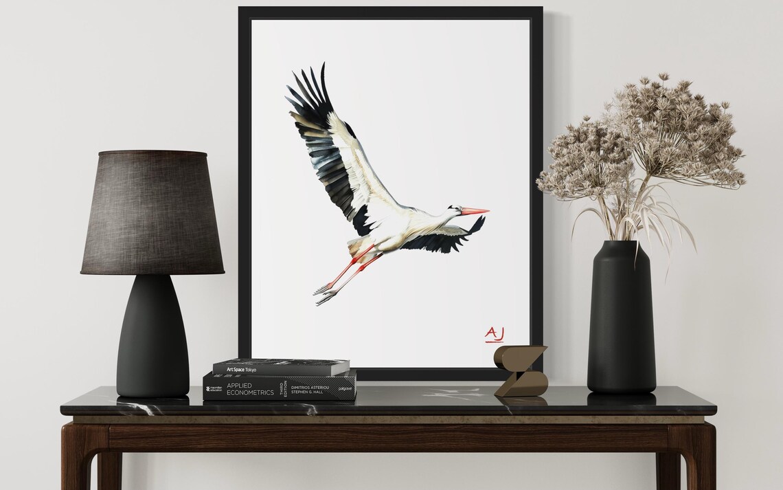 White Stork Spreading Wings in Flight Watercolor Bird Painting Poster - Image 2