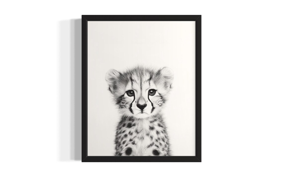 Cheetah Cub Black And White Minimalist Baby Animal Portrait Poster