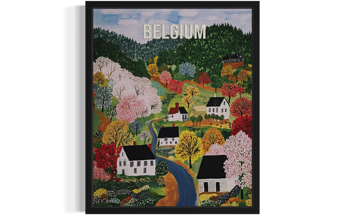 Belgium Pink Blossom Trees White Cottages Spring Folk Art Poster