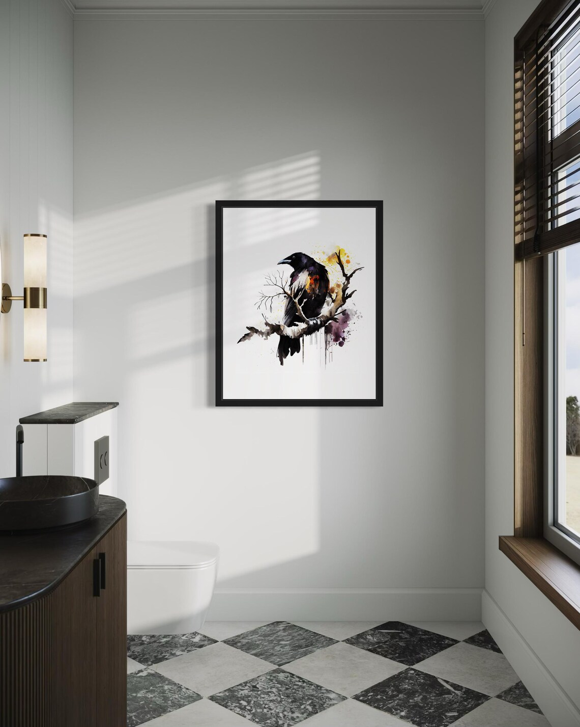 Crow On Bare Branch Watercolor With Orange Accents Bird Poster - Image 3