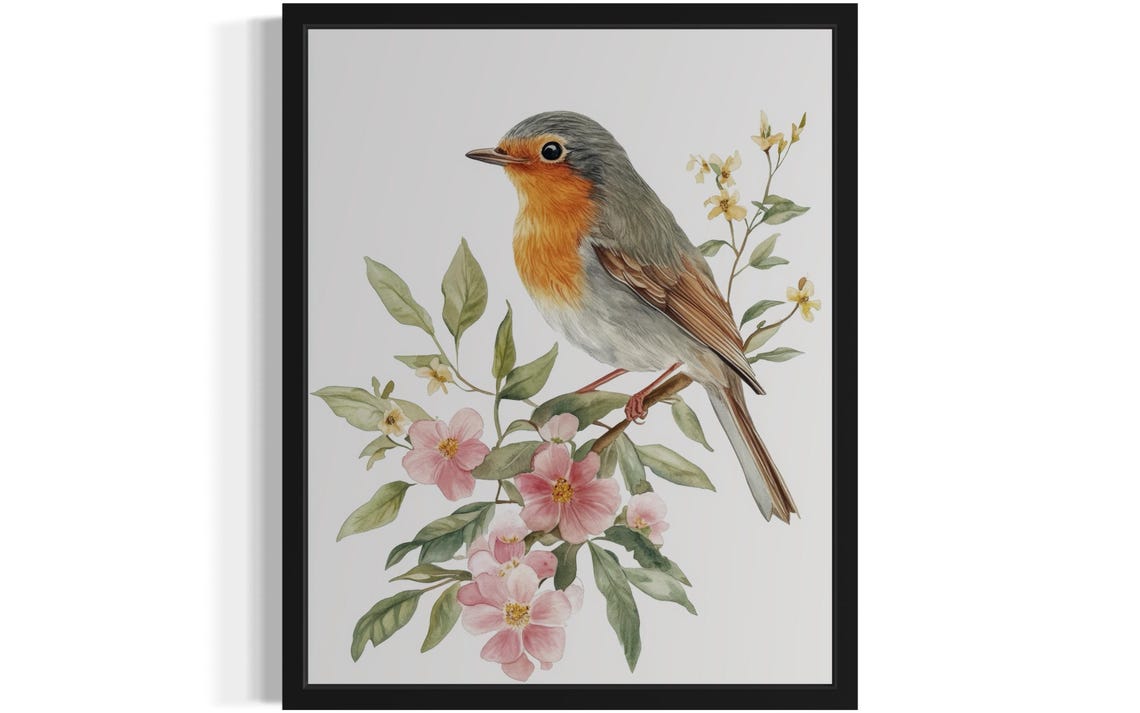 European Robin on Flowering Branch Botanical Watercolor Poster