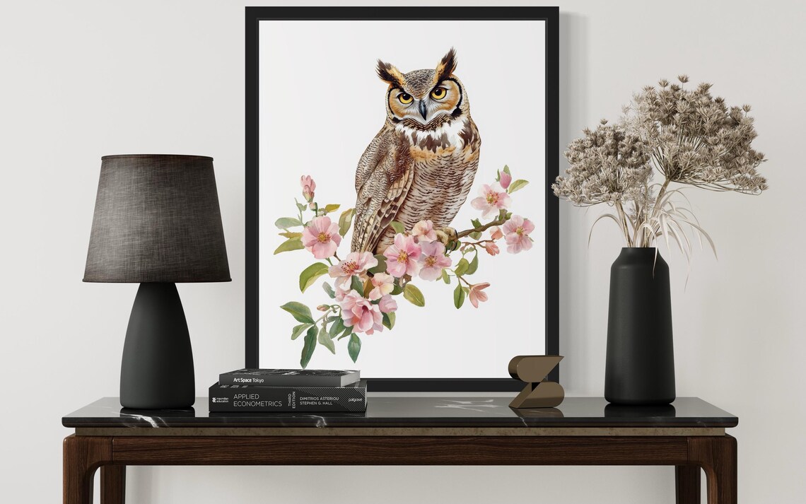 Striking Great Horned Owl on Blossom Branch Watercolor Bird Poster - Image 2
