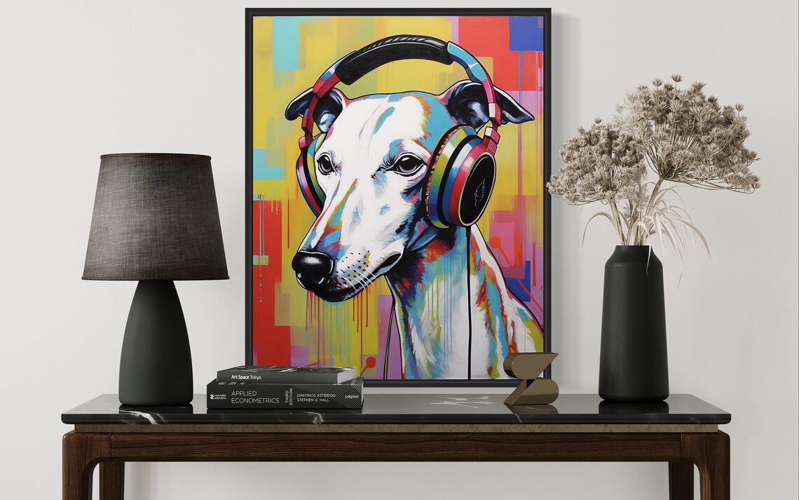 Whippet Wearing Headphones Colorful Pop Art Dog Portrait Poster - Image 3