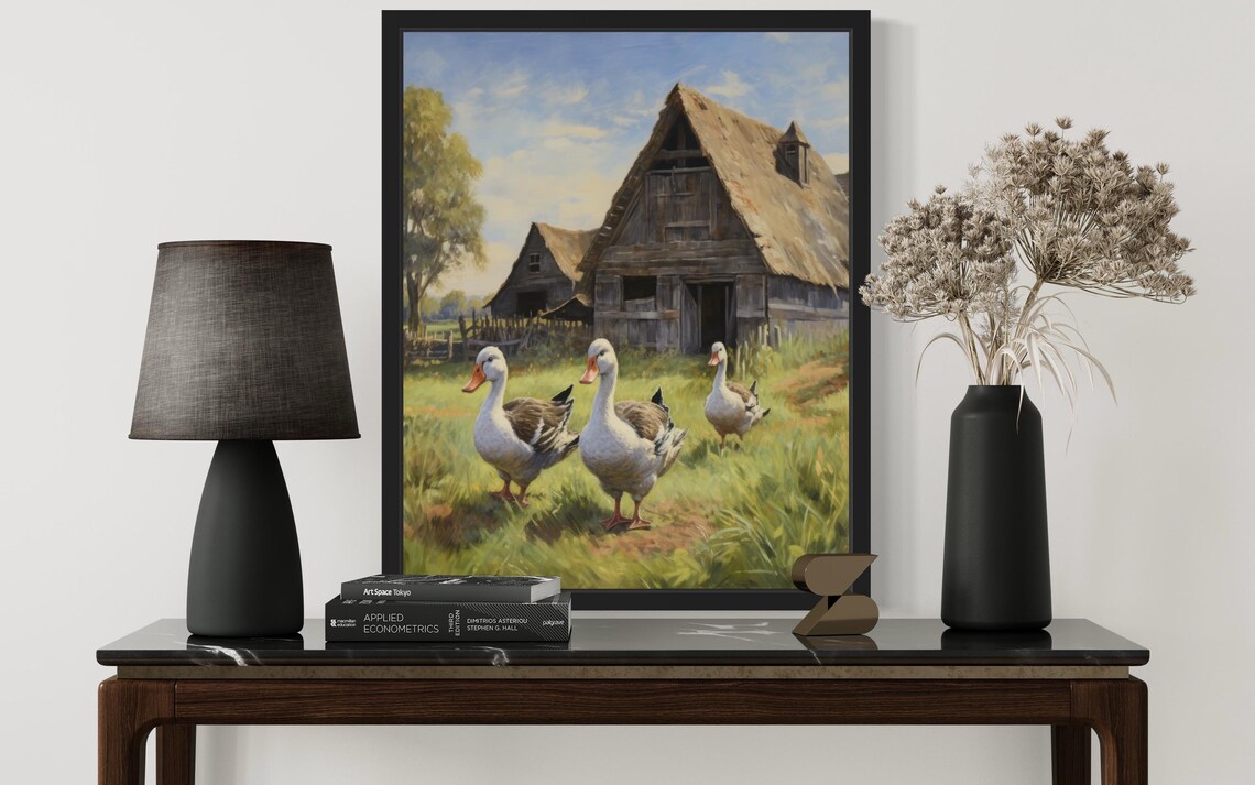Three Geese Walking in a Farmyard Before a Wooden Barn Vintage Poster - Image 2