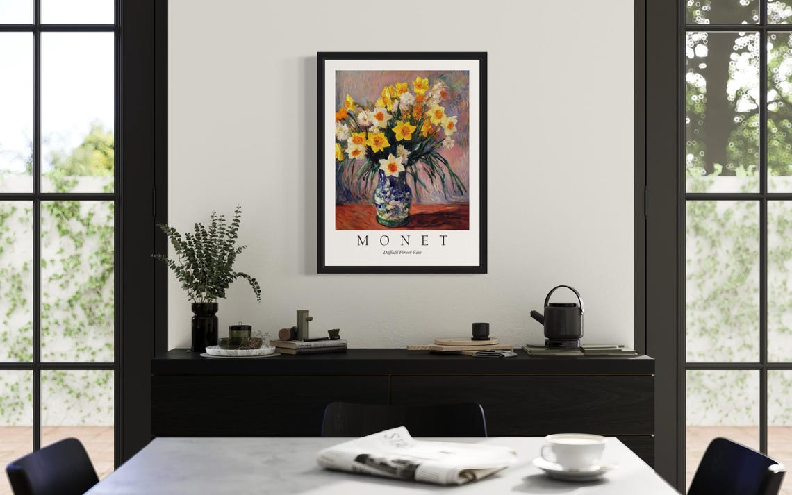 Yellow Daffodil Bouquet in a Blue Vase Monet Style Flower Poster - Image 2