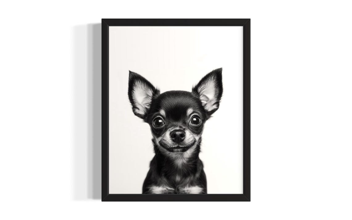 Tiny Chihuahua Puppy Portrait Black And White Studio Photo Poster