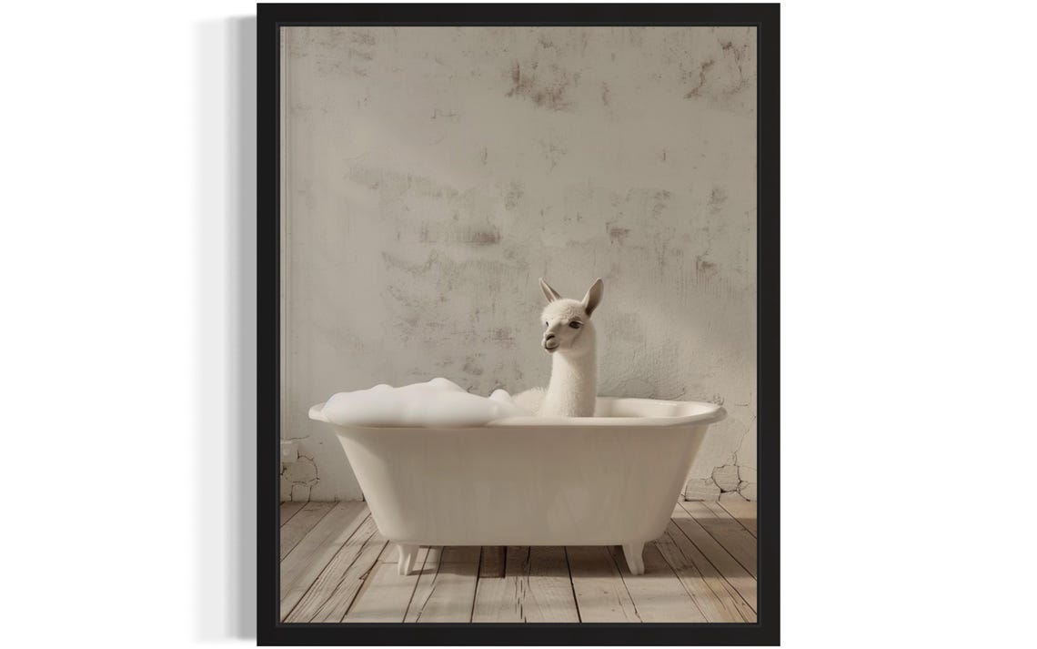 White Llama Standing in a White Bubble Bath Tub Rustic Photo Poster