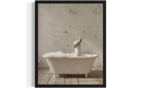 White Llama Standing in a White Bubble Bath Tub Rustic Photo Poster