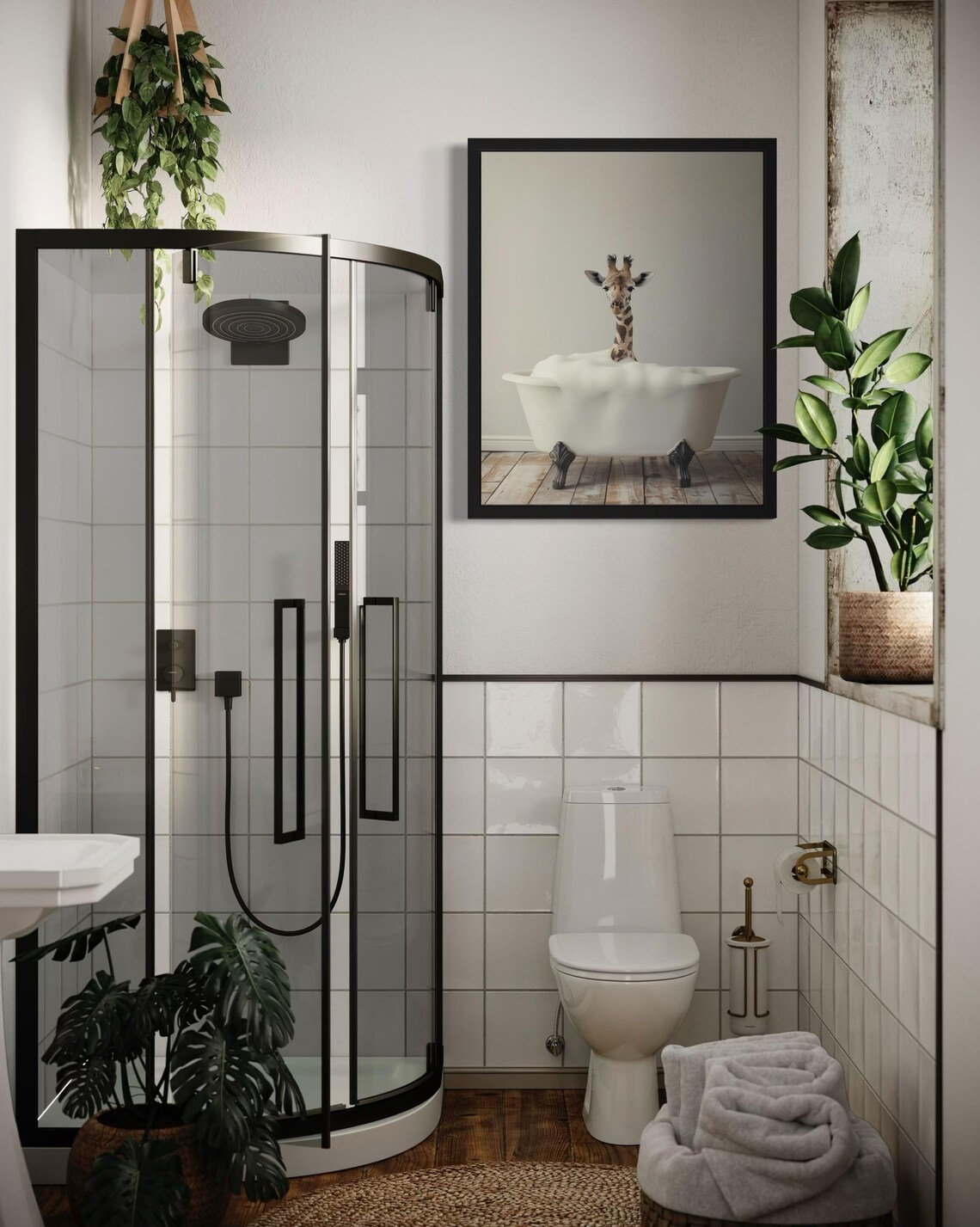Baby Giraffe Head Rising from a White Bubble Bath Tub Photo Poster - Image 4