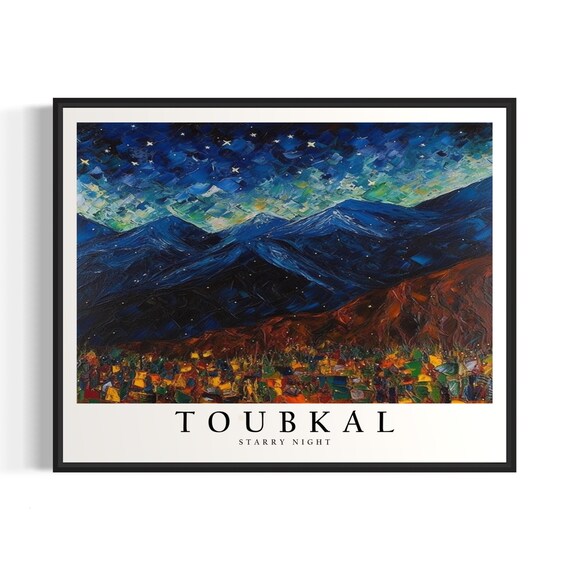 Toubkal Morocco Starry Night Atlas Mountain Village Art Poster