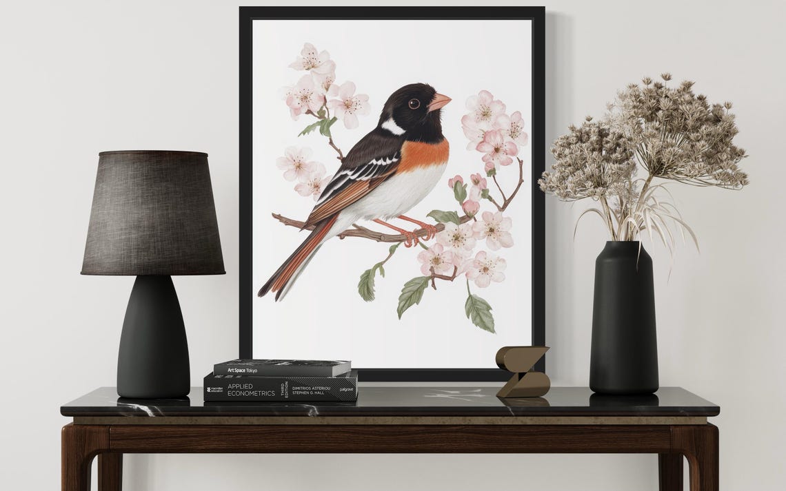 Elegant Eastern Towhee on Cherry Blossom Branch Watercolor Poster - Image 2