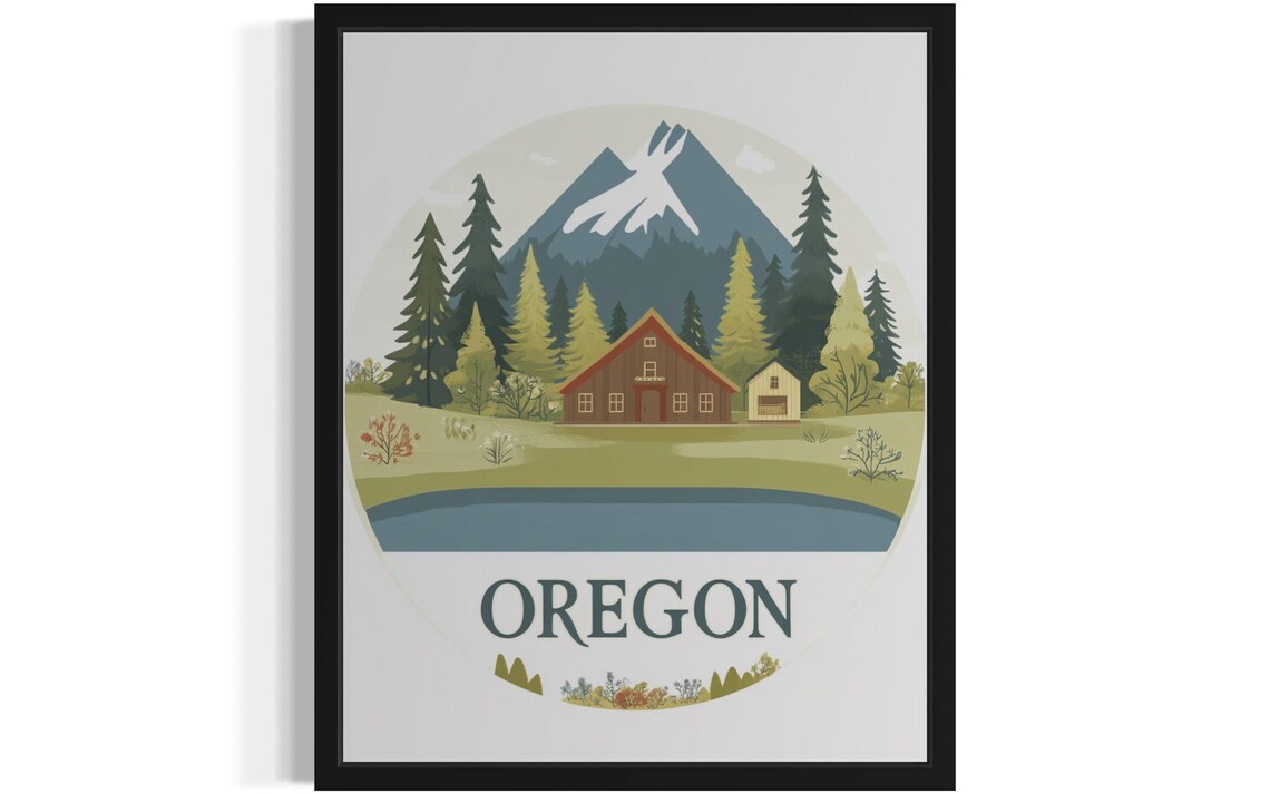 Oregon Mountain Lake Cabin Scenic Circle Illustration Poster