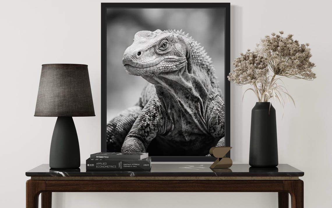 Komodo Dragon Head Close-Up Black and White Reptile Photo Poster - Image 2