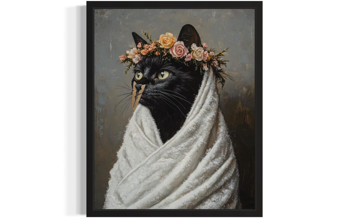 Black Cat Flower Crown Clothespin Funny Bathroom Decor Poster