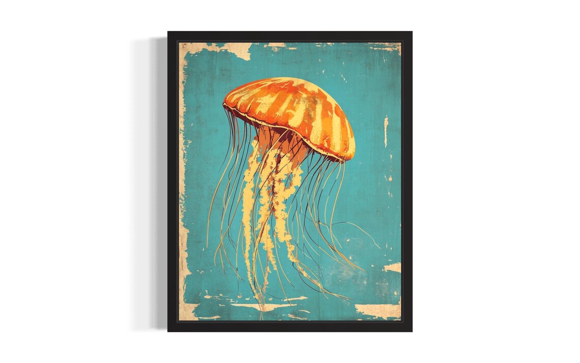 Orange Jellyfish Pop Art Vintage Teal Ocean Illustration Poster