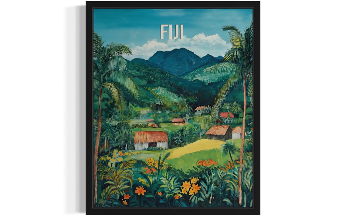 Fiji Towering Palms Thatched Village Misty Mountains Folk Art Poster