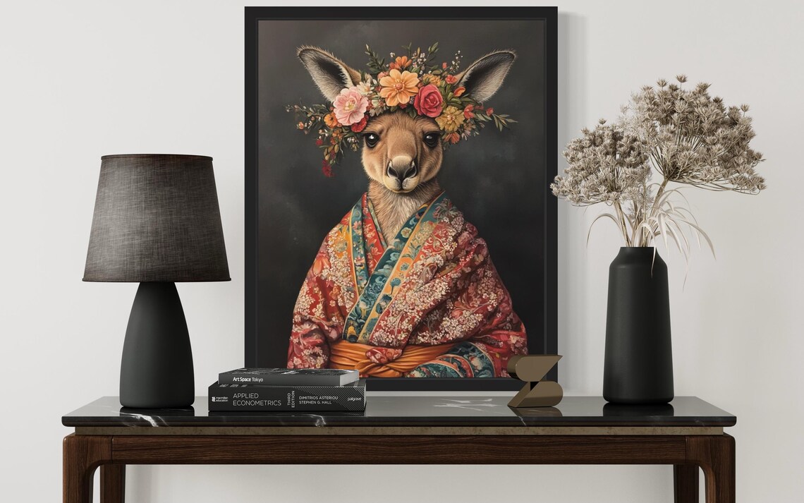 Kangaroo Wearing Flower Crown and Floral Kimono Fine Art Decor Poster - Image 3